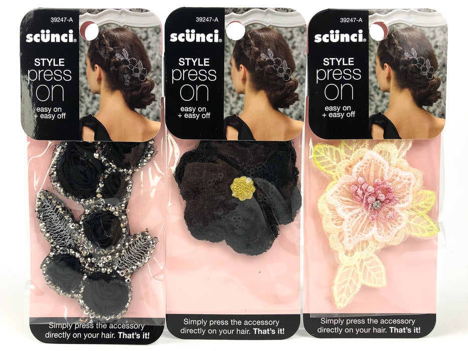 3-Pack Scunci Press On Hair Accessory Flowers Beaded Glitter Sparkle 39247-A