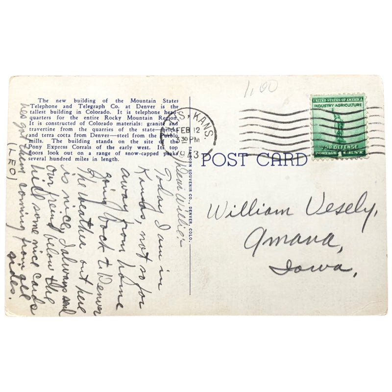 US Stamp 1 Cent Liberty for Defense on 1943 Postcard Denver Telegraph Building