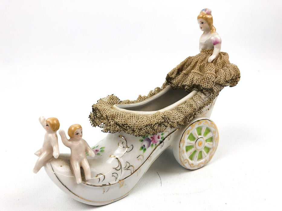 Occupied Japan Figurine Andrea Cherubs Angels Shoe Planter Flower Girl Hard Lace 1