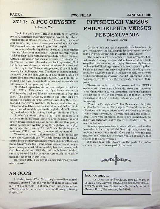 Two Bells Magazine Jan 2001 Wishbone Brings Bad Luck Operating Dep PA Museum