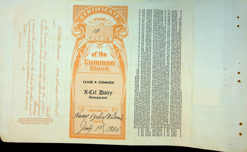 X-Cel Dairy Company Stock Certificate Bond Scripophilly Akron Ohio 1935 No 12