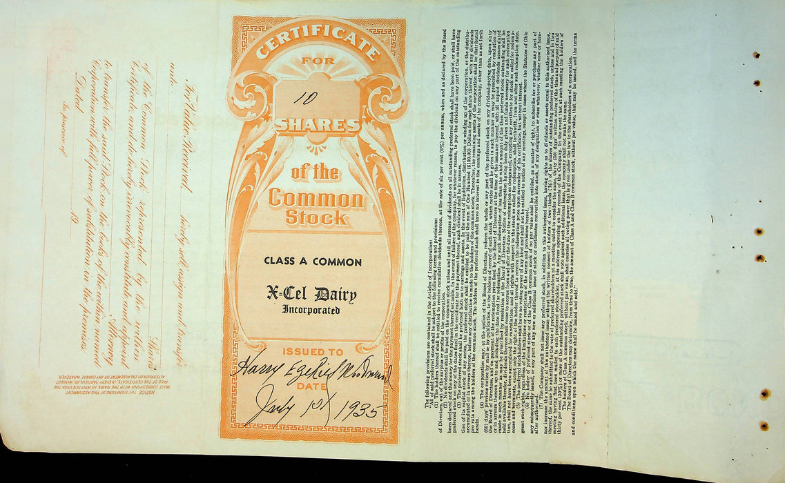 X-Cel Dairy Company Stock Certificate Bond Scripophilly Akron Ohio 1935 No 12