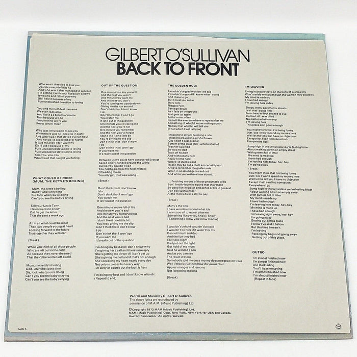 Gilbert O'Sullivan Back To Front Record 33 RPM LP MAM-5 MAM 1972 w/ Lyrics 6