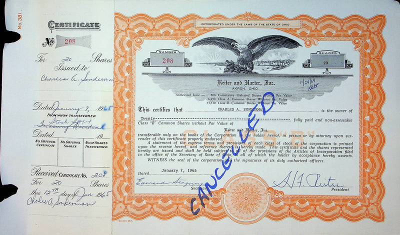 Reiter Dairy Company Stock Certificate Bond Scripophilly Akron Ohio 1965 No 208