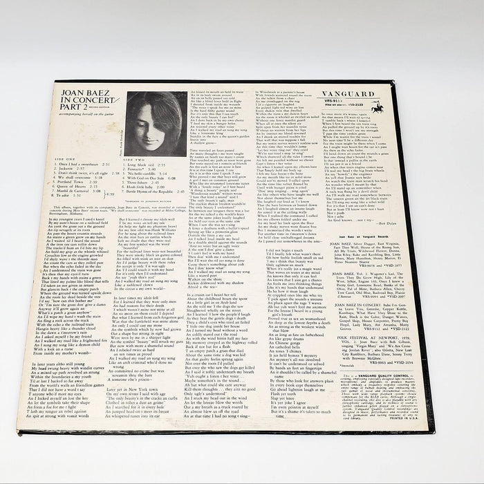 Joan Baez In Concert Part 2 LP Record Vanguard 1965 VRS 9113 Reissue 2