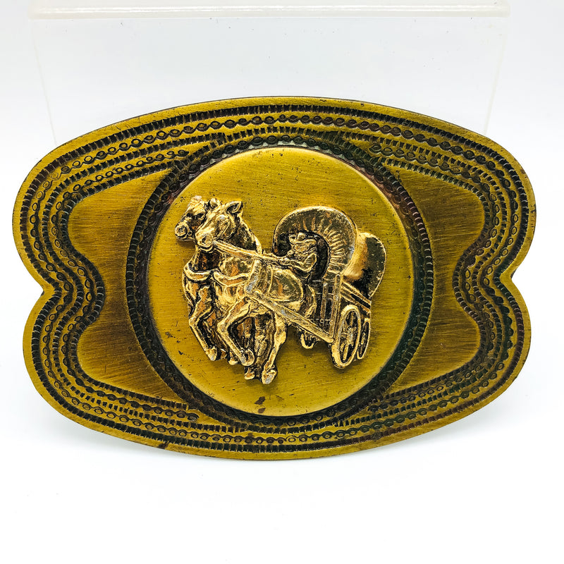 Vintage Brass Wagon Belt Buckle Western Cowboy Pioneer Days Horses 4" Inches