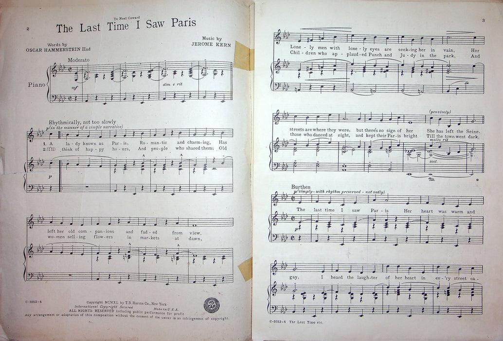 Sheet Music The Last Time I Saw Paris J Kern Oscar Hammerstein 2nd Hildegarde 2