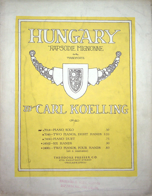 Sheet Music Hungary Rapsodie Mignonne Carl Koelling 1907 Theo Presser Pianoforte 1