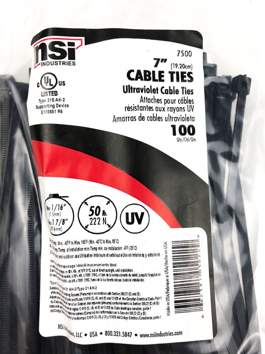 200PK Cable Zip Ties Black Nylon 7" Standard UL Resistant 50lb. NSI 7500 4