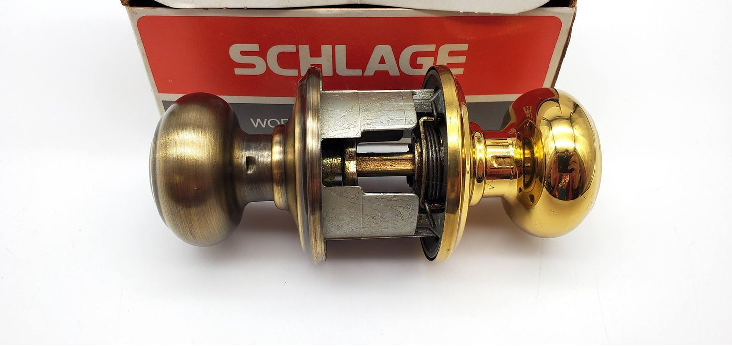 Schlage Door Knob Bright & Antique Brass Passage Latch GEO F10N NOS 4