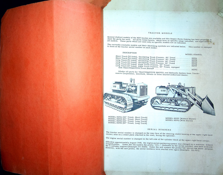 Allis Chalmers Model HD 5 Tractor Repair Parts List TPL-206D Lithographers