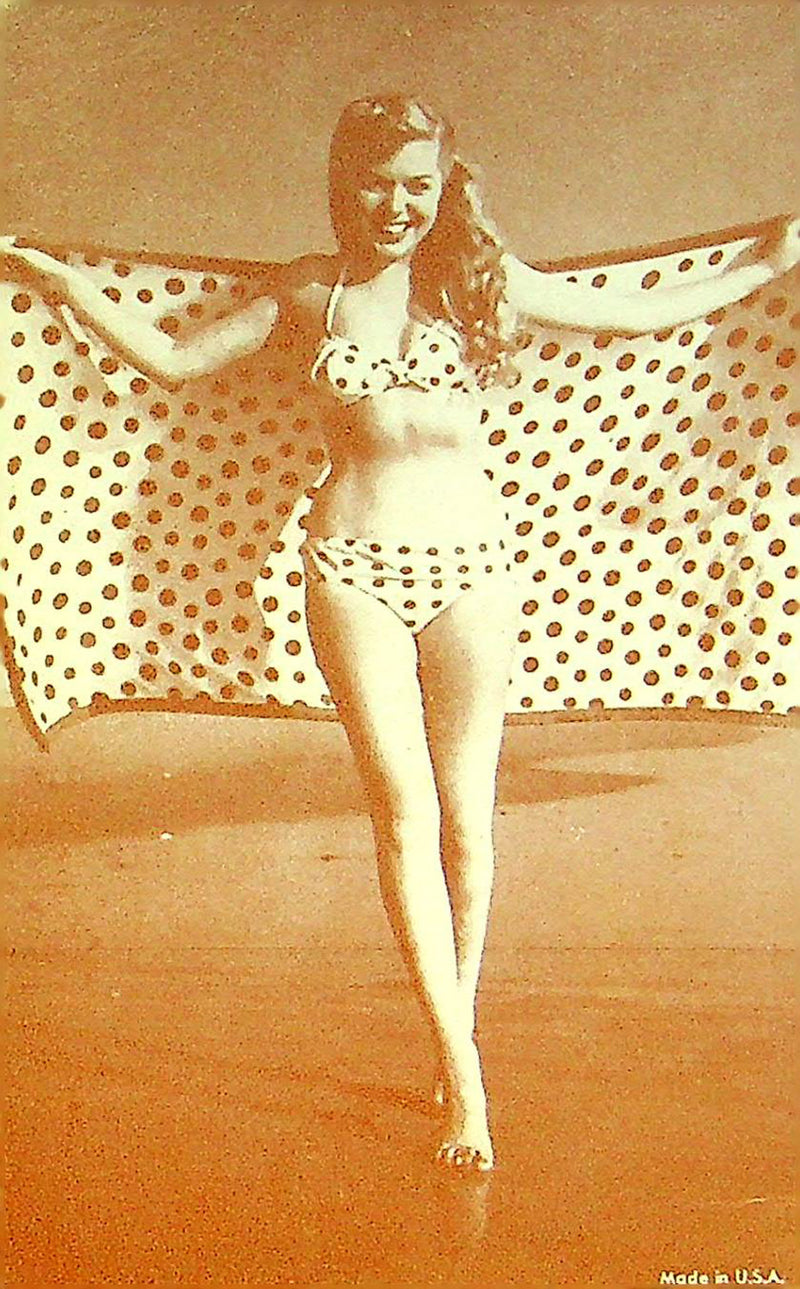 US 50s Pin Up Promo Photo Card Woman Bikini Swimsuit Polka Dot Print Towel Beach