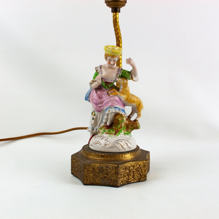 Occupied Japan Lady Lamp Brass French Provincial English Woman Lamb Sheep 12" 2