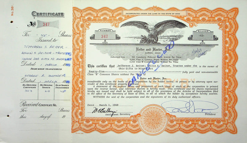 Reiter Dairy Company Stock Certificate Bond Scripophilly Akron Ohio 1969 No 347