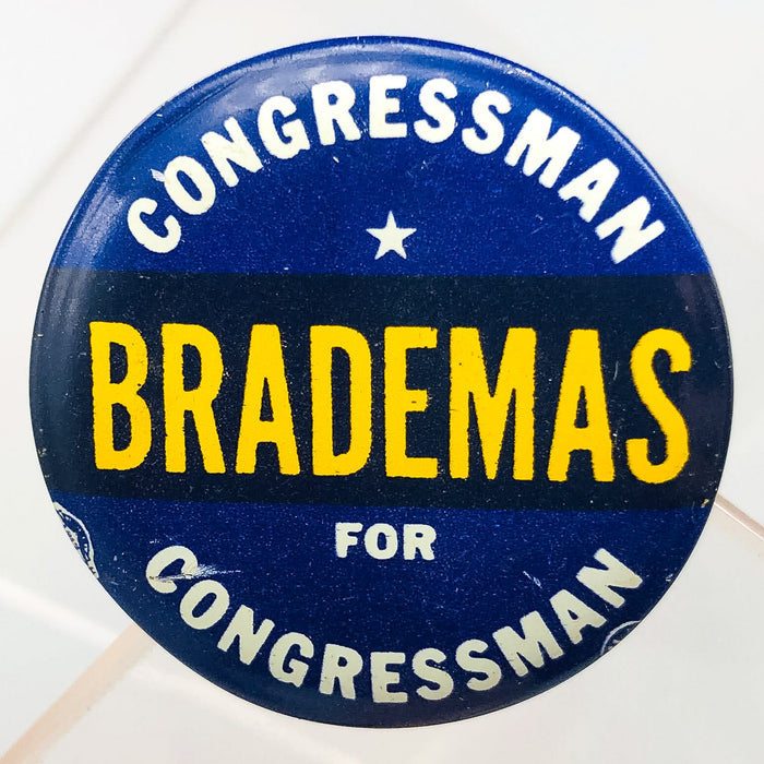 Congressman John Brademas Button Pin 1.25" Indiana Politician Campaign Blue 4