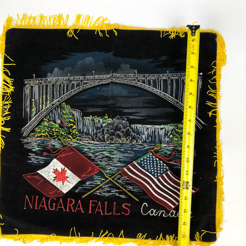 Vintage Niagara Falls Pillow Cover Velvet Souvenir Fringed Cloth Ontario Canada