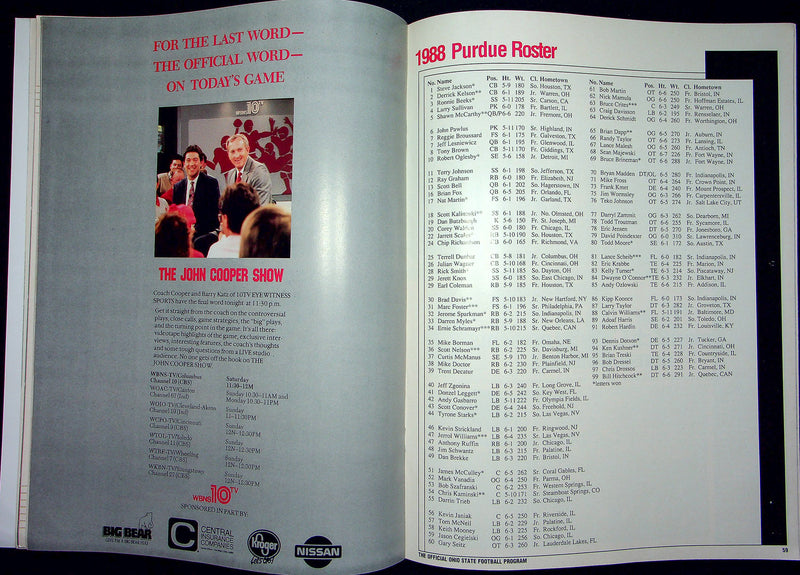 Ohio State Buckeye Football Program Oct 1988 Vs. Purdue Boilermakers Homecoming