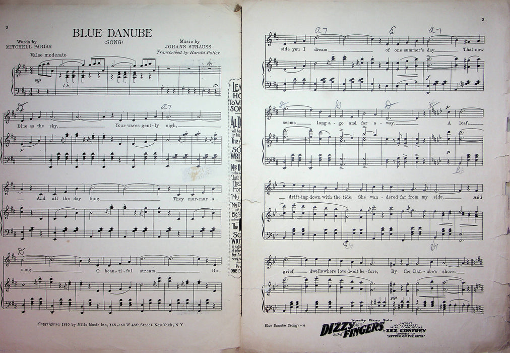 Blue Danube Song Sheet Music Johann Strauss Piano Vocal 1930 Mills Music 2