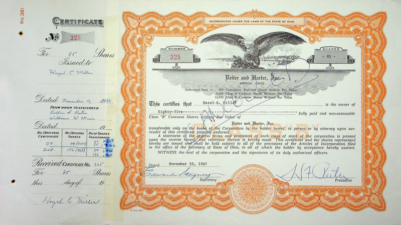 Reiter Dairy Company Stock Certificate Bond Scripophilly Akron Ohio 1967 No 325