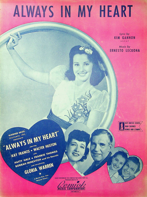 Always In My Heart Sheet Music Song Lyrics 1942 Kay Francis Ernesto Lucuona 1