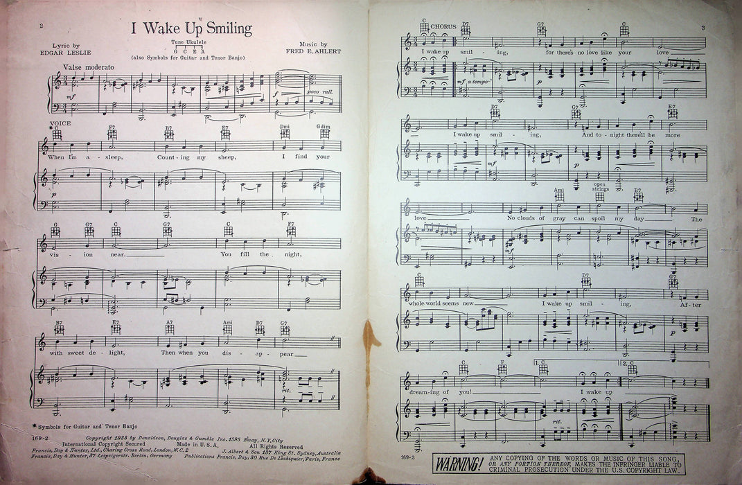 Fred E Ahlert Sheet Music I Wake Up Smiling 1933 E Leslie Love Song Rex Sheridan 2