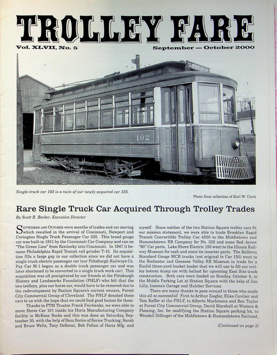 Trolley Fare Magazine Oct 2000 Single Truck Passenger Car Cincinnati PA Museum