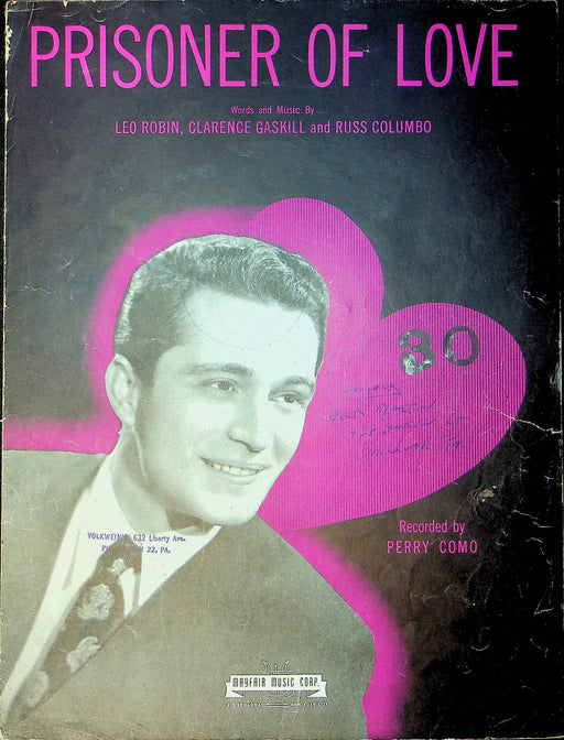 Perry Como Sheet Music Prisoner Of Love Leo Robin Clarence Gaskill Russ Columbo 1
