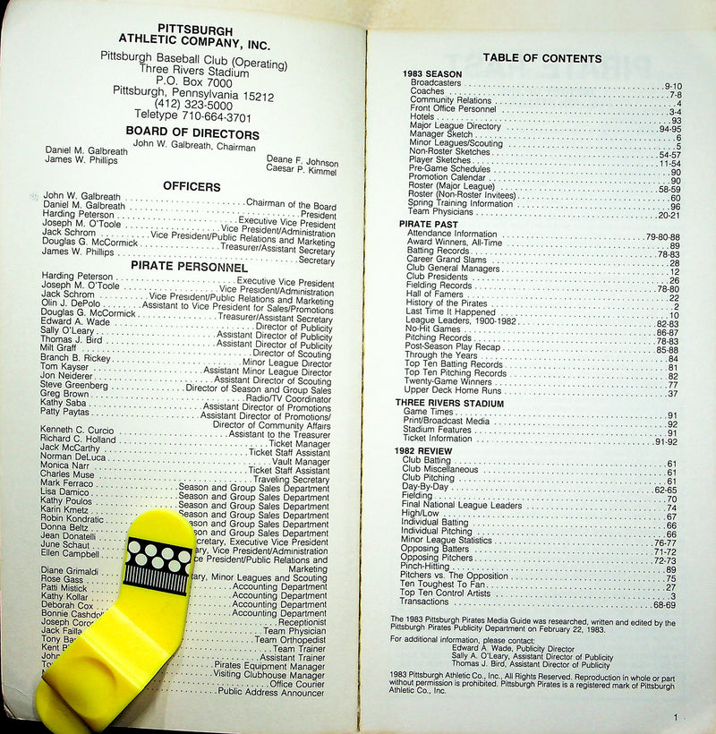 Pittsburgh Pirates 1983 Baseball Media Guide Booklet Schedule Statistics Roster