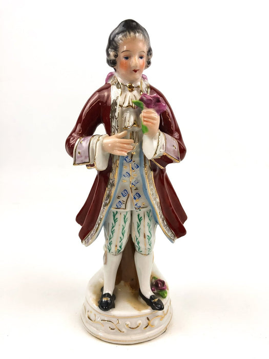Occupied Japan English Man Holding Pink Rose Brown Long Coat Orion China 10" 1