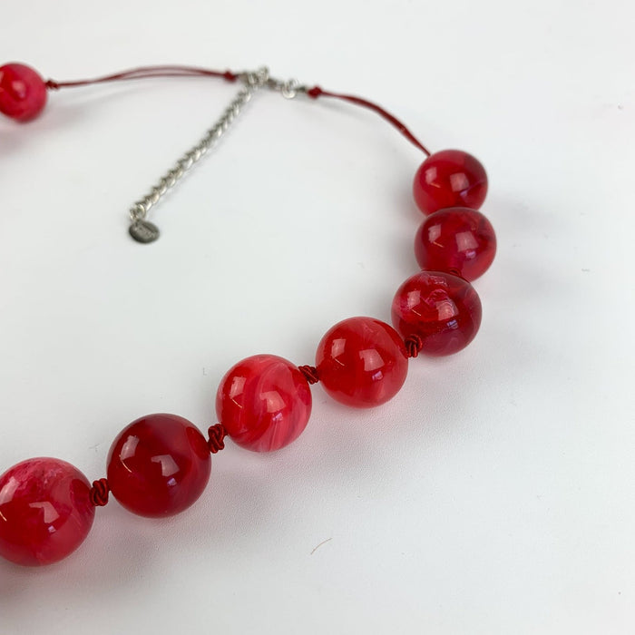 Cherry Red Marble Swirl Large Round Beaded Necklace by Icing 6