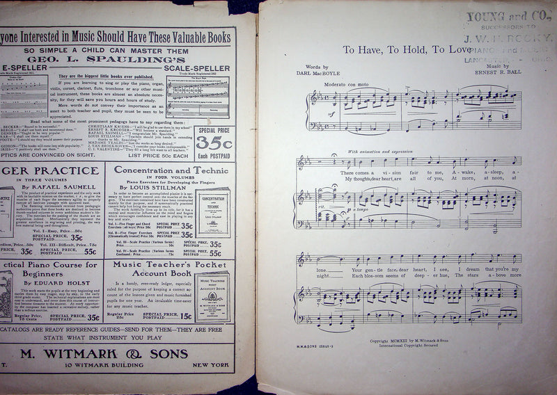 Sheet Music To Have To Hold To Love Darl Mac Boyle Ernest Ball 1913 Romance 2