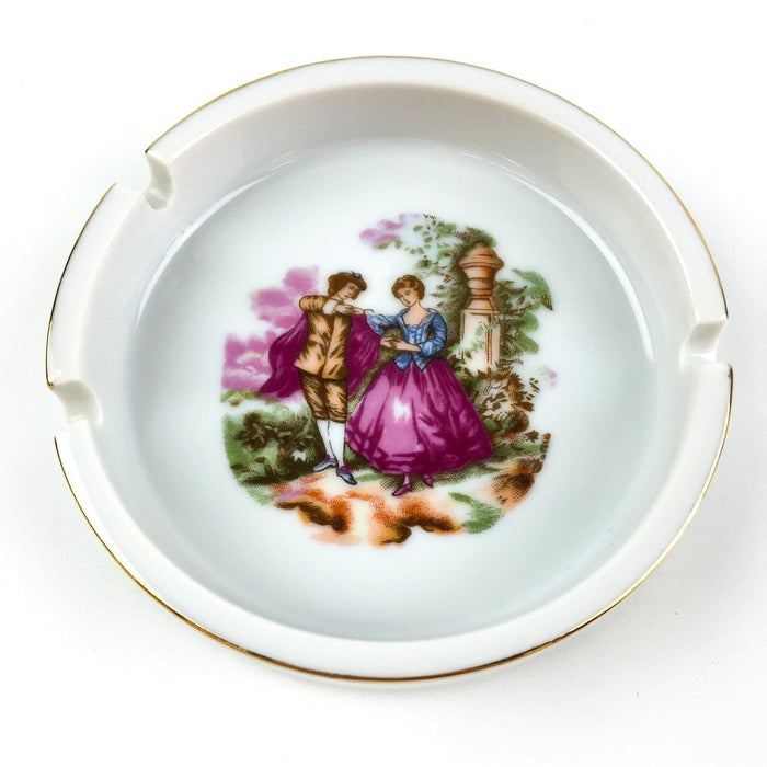Vintage Porcelain Ashtray Colonial Victorian Woman Man Couple White 4.5" 1
