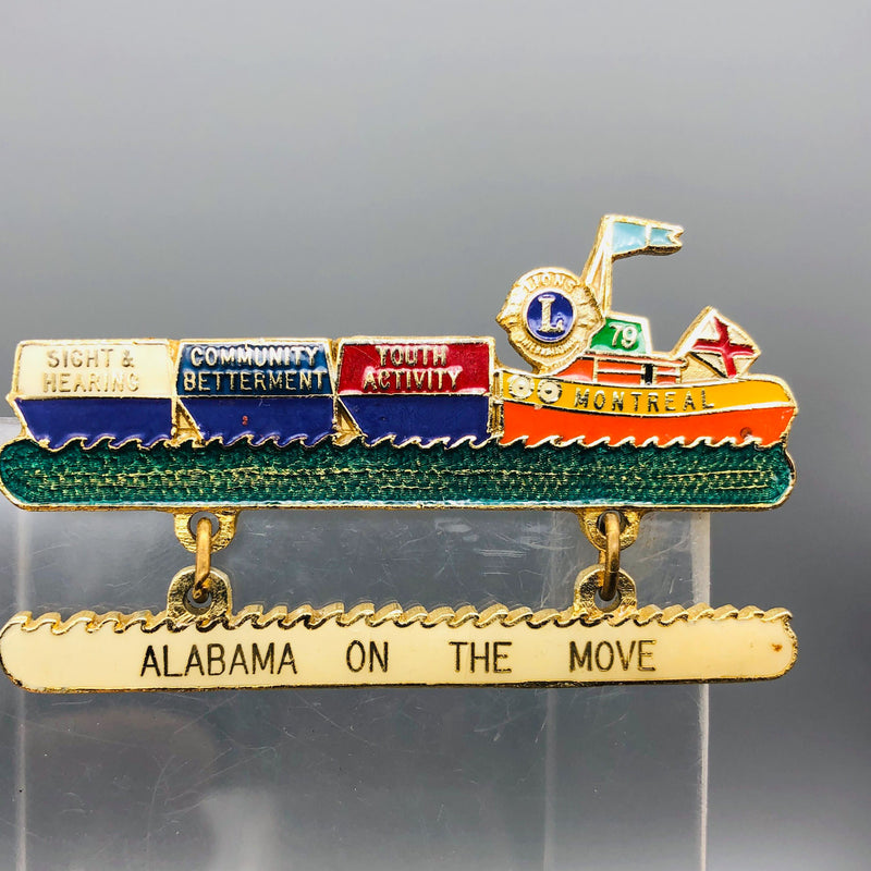 Vintage Lions Club Lapel Pin Pinback Alabama Montreal Canada Tugboat On The Move