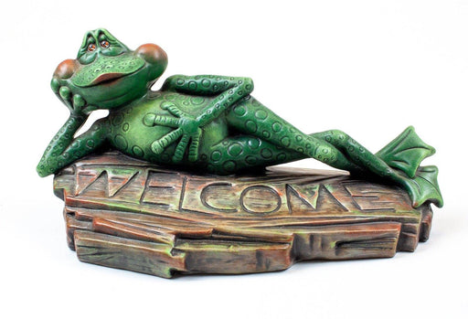 Vintage: Ceramic Bisque Frog Welcome Sign Flower Bed Figure - Signed Tom Amiot 1