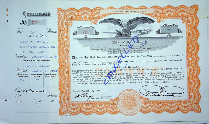 Reiter Dairy Company Stock Certificate Bond Scripophilly Akron Ohio 1969 No 370