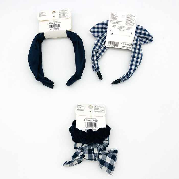 4-Piece Scunci Headband Head Bands Scrunchies Lot Hair Ties Blue Checkered Silk