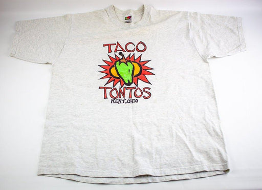 Vintage Food Restaurant Tshirt Mens Large Gray "Taco Tontos" Kent Ohio KSU Flash 1