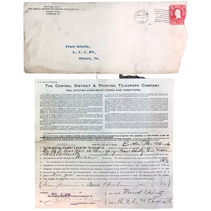 George Washington 2 Cent Stamp Embossed on Envelope and 1906 Telegraph Contract