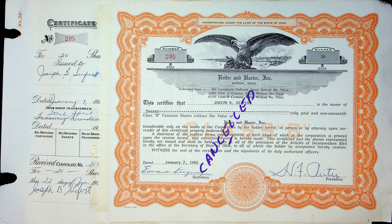 Reiter Dairy Company Stock Certificate Bond Scripophilly Akron Ohio 1965 No 205