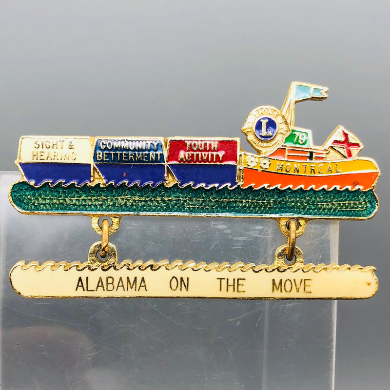 Vintage Lions Club Lapel Pin Pinback Alabama Montreal Canada Tugboat On The Move