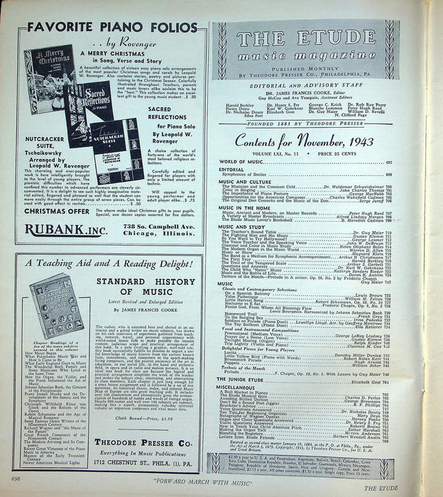 The Etude Music Magazine Nov 1943 Vol LXI No 11 Thanksgiving Issue, Sheet Music 2