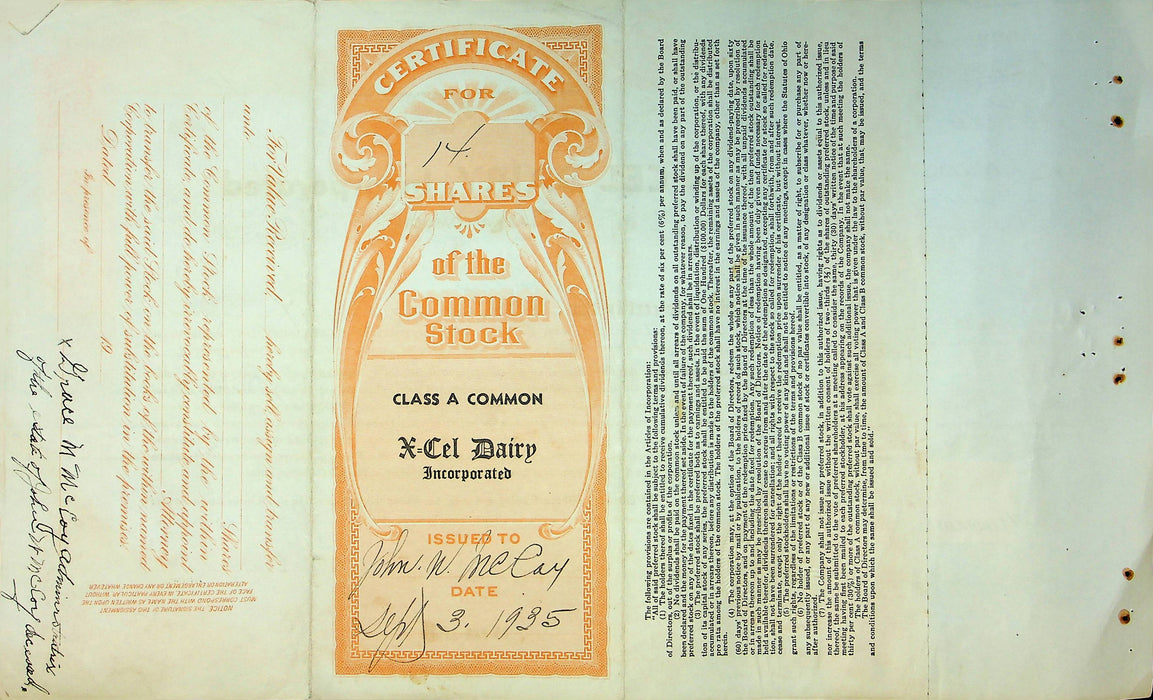 X-Cel Dairy Company Stock Certificate Bond Scripophilly Akron Ohio 1935 No 16