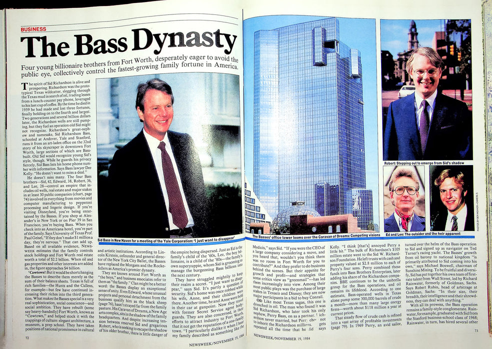 Newsweek Magazine November 19 1984 Billionaire Bass Brothers Bukuriani Russia