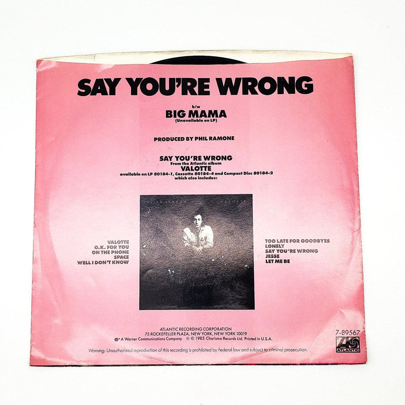 Julian Lennon Say You're Wrong 45 RPM Single Record Atlantic Records 1985 2