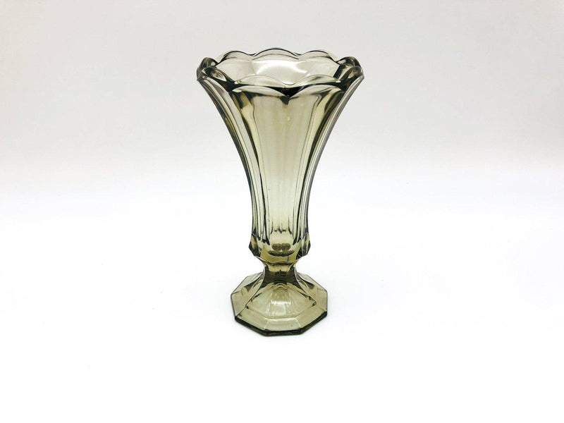 Vintage Gray Glass Vase 7" Pressed Smokey Black Tint Footed Flared Top 3