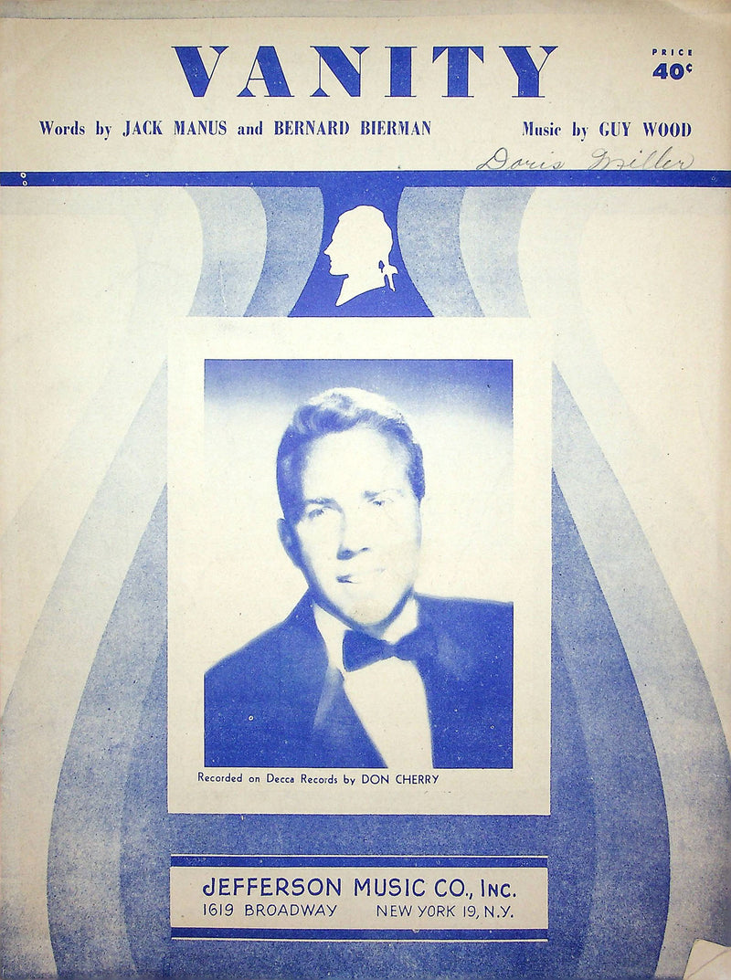 Sheet Music Vanity Don Cherry Jack Manus Bernard Bierman 1951 Guy Wood Piano 1