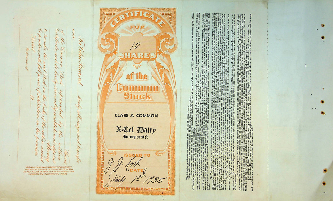 X-Cel Dairy Company Stock Certificate Bond Scripophilly Akron Ohio 1935 No 13