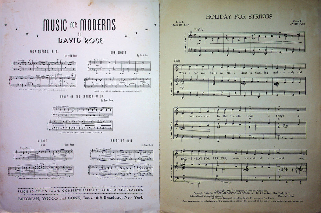 David Rose Sheet Music Holiday For Strings 1943 Sam Gallop Vocal Piano Love Song 3