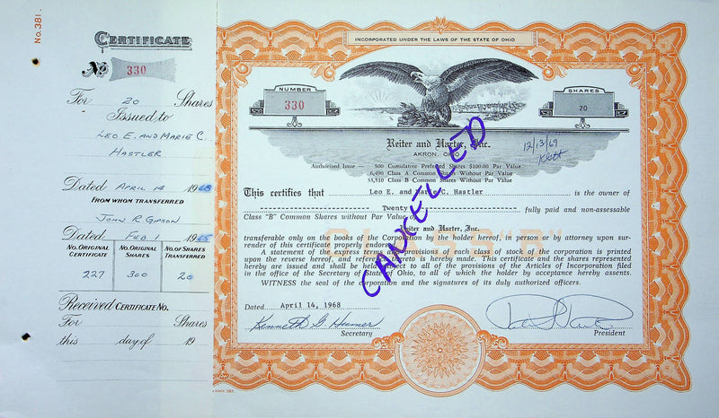 Reiter Dairy Company Stock Certificate Bond Scripophilly Akron Ohio 1968 No 330