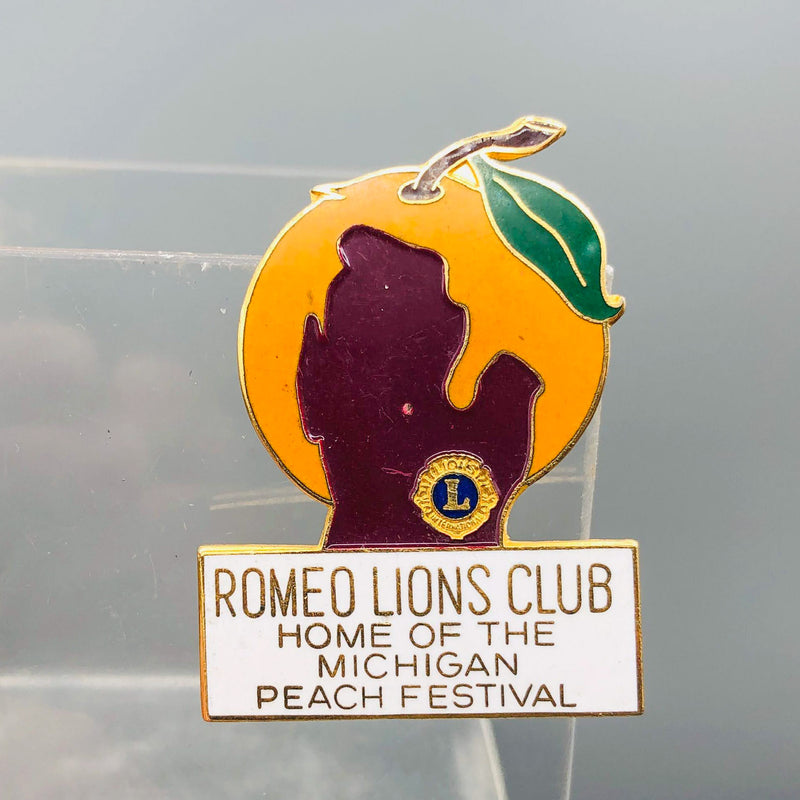 Vintage Romeo Lions Club Lapel Pin Pinback Michigan Peach Festival State Outline